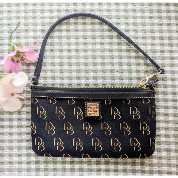 Dooney & Bourke Grooved Leather Top Zip Wristlet Clutch Black Gold DB Monogram - Picture 2 of 11